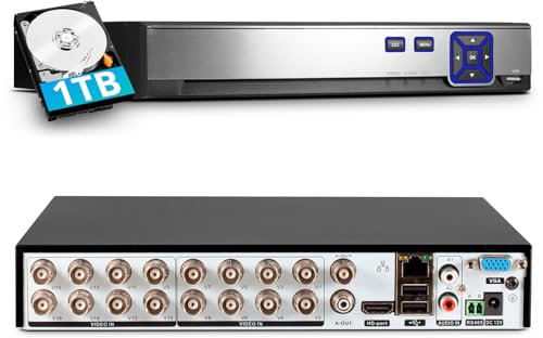 16 Channel CCTV Camera Systems with 1 TB HDD, 16 Ch 5MP H.265+ Surveillance DVR Recorder for Analog XVI AHD TVI CVBS CVI IP Cameras, DVR for Security Home Surveillance System, Mobile APP PC Remote