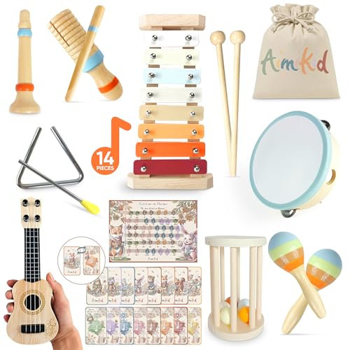 Aimikid – Instruments de Musique en Bois pour Enfants -12 Pièces Montessori - Jouets Éducatif -idée Cadeau Anniversaire Noël Enfant 6 Mois-4 Ans