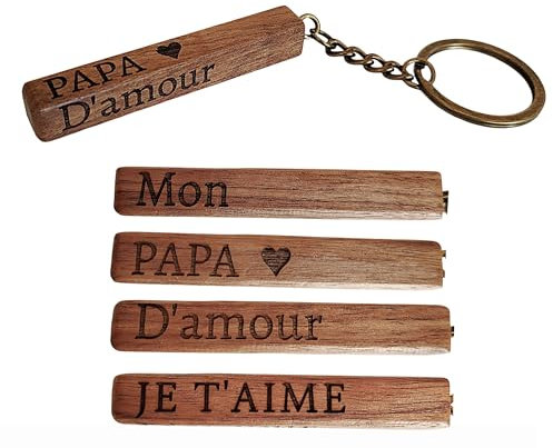 Porte-Clés Papa en Bois de Noyer et Laiton Gravé pour un Père Je t’Aime sur 4 Faces Cadeau Fête des Pères Noël Anniversaire Porte Clef Papa pour Fête des Pères