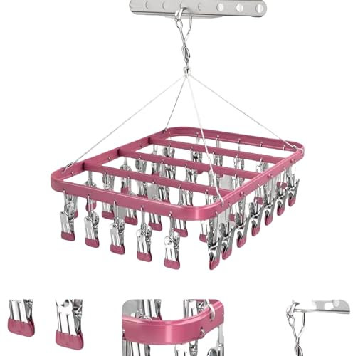 trrcylp Tendedero de metal con 36 clips, gancho resistente al viento, colgador de ropa interior, clip plegable para ropa sucia para calcetines, sujetadores (rosa)
