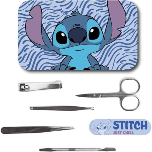 Stitch Disney Manicure Set for Girls and Teens with Metal Case, Scissors, Nail Clippers, Tweezers and Cuticle Tool - Portable Beauty Set Just Chill