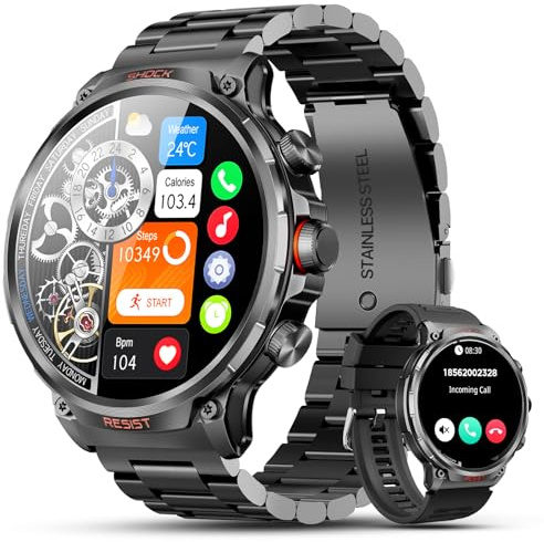 WalkerFit Smartwatch Herren mit 710mAh XXL Akku, Militär Sportuhr mit 1.85 Großem Display, Bluetooth Telefon, Wasserdicht Fitness Uhr, Kompatibel mit Android iOS (Schwarz)