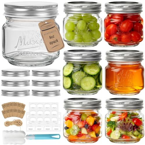 HYCKee 250ml 6 Pack Mason Jars with Silver Metal Lids, Embossed Design Canning Jars, Clear Glass Storage Jars for for Gifts, Jam, Pickling, Crafts, Wedding Favors & Home Decor