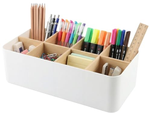Astralong Schreibtisch Organizer, 8 Fächer Stiftehalter Bambus, Büro Organizer, Aufbewahrungsbox Desk Organizer für Stifte, Kosmetika,Fernbedienungen (Weiß)