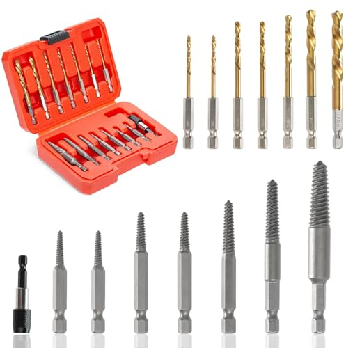 15-Piece Screw Extractor Set with CR-MO & HSS Cobalt Drill Bits | Left Hand Reverse Drill, 1/4'' Adaptor Included, Stripped Bolt Remover, 6542 HSS Steel, Ez Out Speed Tool