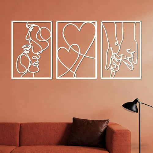 ESTART Minimalistische Metall-Wanddekoration, 3 Stück, Valentinstag, Liebhaber, Kuss, Hand, Ästhetisch, Zum Aufhängen für Schlafzimmer (Weiß, 94L x 40B cm)