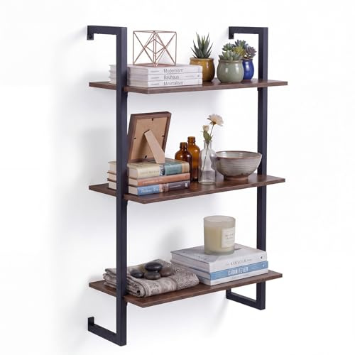 KOMFOTTEU Estantería de Pared de 3 Niveles (Industrial y Negro) | Estante de Almacenamiento Suspendido con Estructura Metálica, Mueble Organizador para Oficina, Cocina, Salón, 53 x 23 x 90 cm