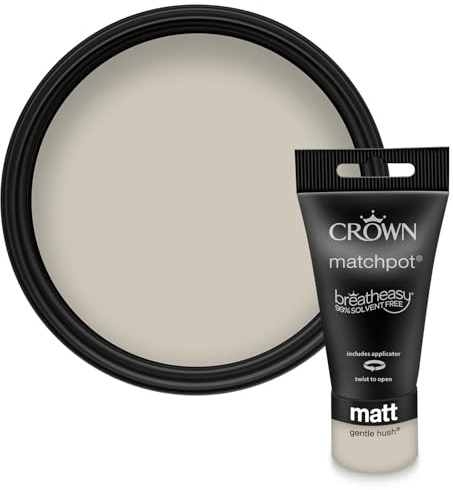 Crown WALLS & CEILINGS Pale Beige Matt Paint Tester - Sample 40ml | Try Gentle Hush before you buy. See the true colour on your wall, in your own light. Low VOC, low odour, breatheasy