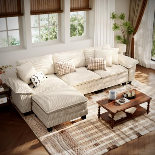 PHI VILLA Ecksofa-Set L-Form Couch 4-Sitzer-Sofa mit tiefer Sitzfläche 315 cm Modulare Sofas inklusive Zierkissen und beweglicher Ottomane für das Wohnzimmer Cordstoff Beige