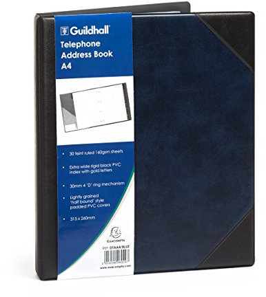 Exacompta Guildhall DTAA4/BLUZ Telefonbuch aus Kunstleder, 317 x 258 mm, halbgebunden, leicht gepolsterter Einband, 30 schwach linierte 160 g/m² Blätter, starrer schwarzer PVC-Index