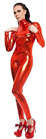 Lack/Latex look Catsuit (Overall, Ganzanzug) mit Brust RV, rot-orange Gr. L