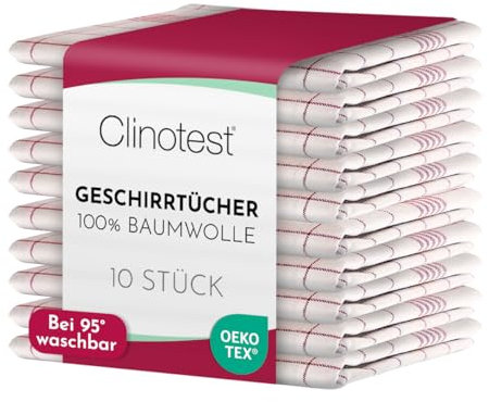 Clinotest Geschirrtücher Baumwolle – 10er Set Küchenhandtücher, fusselfreie Küchentücher – Saugfähige Geschirrhandtücher, waschbare Putztücher – Trockentücher & Spültücher - Rot kariert