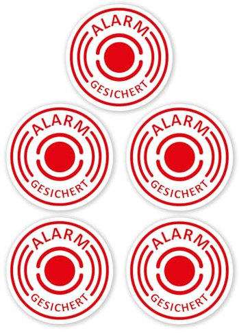 5er Aufkleber-Set Alarm-gesichert I hin437 I Ø 4 cm I Achtung Gebäude, Objekt besitzt Alarmanlage I für Fenster-Scheibe, Tür I innenklebend