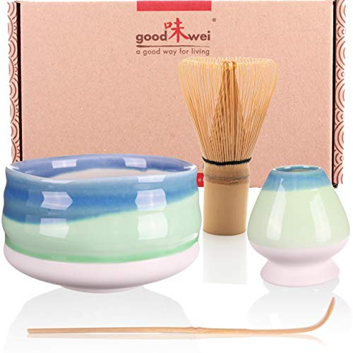 Goodwei Matcha Kit | Bol Matcha Artisanal Chawan, Cuillère e Fouet à Matcha avec Support de Fouet en Céramique au design assorti | Service à Thé Japonais (Sumi, 120)