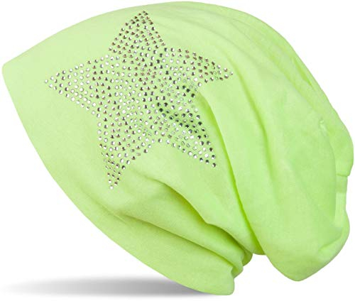 styleBREAKER Klassische leichte Unisex Beanie Mütze mit Stern Strass Applikation 04024019, Farbe:Neongelb