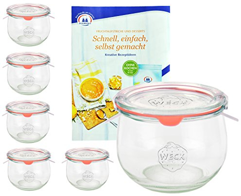 MamboCat 6er Set Weckgläser 580 ml Tulpenform mit Deckel Einkochring Klammern I Original Weck Tulpenglas I Einweckgläser für Obst Gemüse UVM I inkl. Diamant-Zucker Gelierzauber Rezeptheft