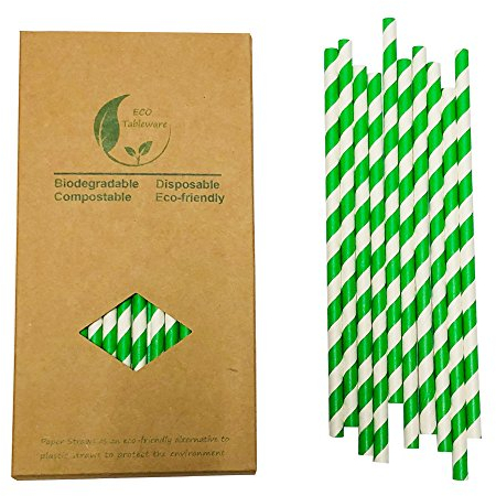 Forest Green Striped Paper Drinking Straws, 100 Pack Disposable Spring Green & White Xmas Paper Straw for Candy Cake Pop Sticks Party Decoration