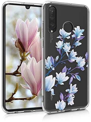 kwmobile Custodia Compatibile con Huawei P30 Lite - Cover Silicone TPU - Protezione Back Case - Magnolie blu/viola/trasparente