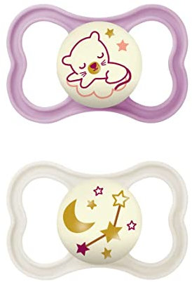 MAM Air Night Ciuccio Luminoso in Set da 2, in Silicone con Custodia Porta Succhietto, 16+ Mesi, Rosa