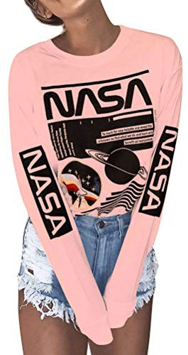 Ezcosplay Crew Neck Long Sleeve NASA T-Shirt Letter Printed Shirt Graphic Tee Tops for Women, 2-orange, XL