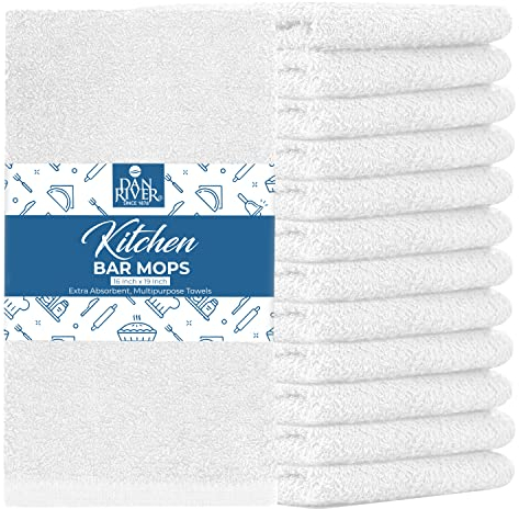 Dan River 100% Cotton Bar Mop Kitchen Towels, 16x19 inches, Pack of 12, 350 GSM, White – Highly Absorbent Dish Towels, Quick-Dry, Reusable Mops for Kitchen, Home, Restaurants and Offices