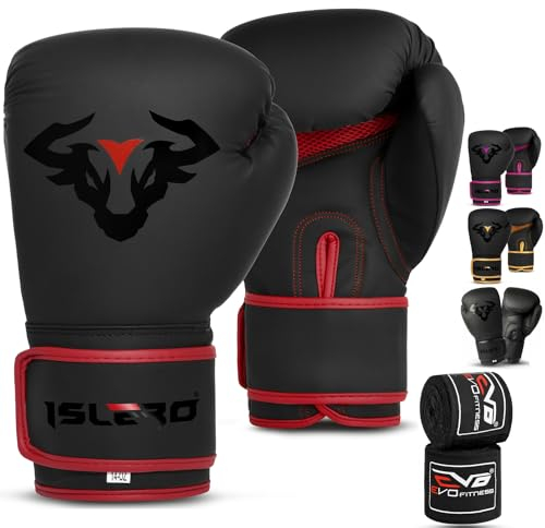 Islero EVO Fitness - Guantoni da boxe da uomo, colore nero opaco, da donna, rosa, per MMA, Muay Thai, arti marziali, kickboxing, sparring, allenamento, combattimento, con fasce per le mani (340 g,