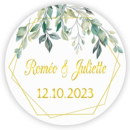 MameArt 50stk 4cm Personalisiert Hochzeit Aufkleber, mit Namen und Datum Sticker für Hochzeit Gastgeschenk Taufe Kommunion Geburtstag Feste Geschenke Präsente (Kranz G), 3AL0101A