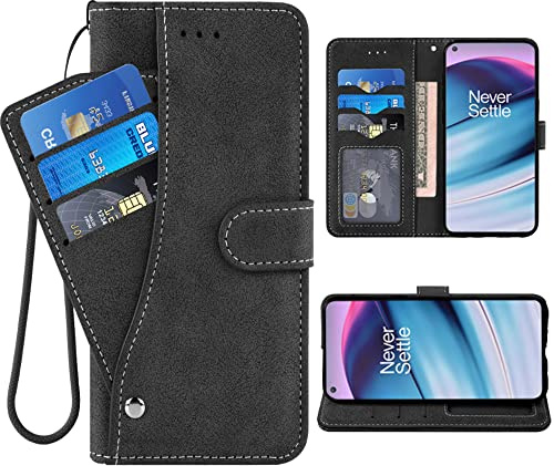 ELISORLI Kompatibel mit OnePlus Nord CE 5G Wallet Case Wrist Strap Lanyard Leder Flip Card Holder Stand Handy Zubehör Handyhülle für One Plus CE5G Euro 1 Plus 1plus One+ 1+ EC G5 Damen - Schwarz