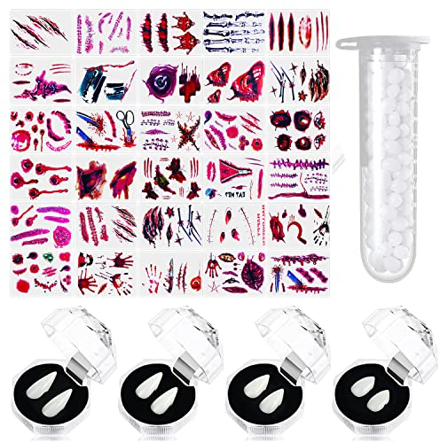 4 Paar Vampirgebiss 30 pcs Halloween Temporäre Tattoos, Vampir Zähne, falsche Zähne, Blutsauger, Accessoire, perfekt für Halloween + 1 Tube Teeth Pellets Adhesive