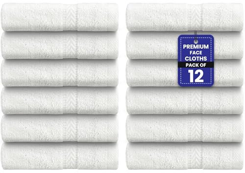 Tag Terry 100% Cotton Flannels Face Cloth Pack 12-30x30cm Washcloths - Hotel Spa Bathroom Face Towels Multipack - (White)