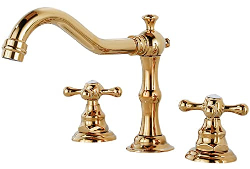 Grifo de Lavabo 3 Orificios ZPSPZ Oro, Bimando Partido, Agua Fría y Caliente, Latón, Grifería de Lavabo, Burbujeador Tipo Panal, Válvula de Núcleo Cerámica