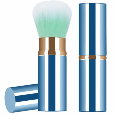 Pinceau de maquillage rétractable télescopique pour le visage - Pinceau Kabuki rond pour poudre de maquillage de voyage - Pinceau de maquillage portable pour fond de teint, blush (bleu)