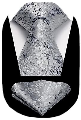 HISDERN Silver Tie Floral Ties for Men Necktie and Pocket Square Set for Wedding Party Business Formal Tie Sets with Gift Box