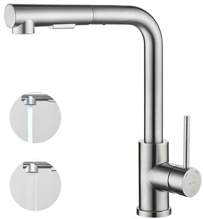 Decaura Küchenarmatur mit Brause Ausziehbar, Spültischarmatur, Wasserhahn Küche, Einhebelmischer Armatur Küche, 360° Schwenkbar, Hochdruck, Zwei Sprühfunktionen, Edelstahl Gebürstet
