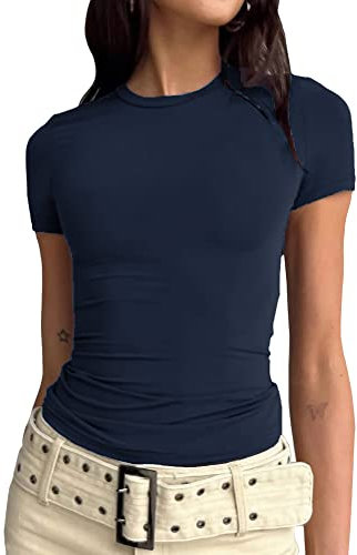 Women's Slim Fit Crop Tops Casual Solid Color Crew Neck Long Sleeve Tight T-Shirt Basic Blouse Tee Tops