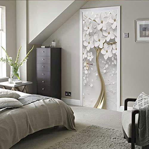 sticker salle de bain 80x200cm(31.49 inches * 78.74 inches)Blanc fleurs Papier Peint Porte 3D photo mural Art wallpaper colle Stickers de Porte Trompe l'oeil 3D Pour Salon Chambre Salle De Bain Decora