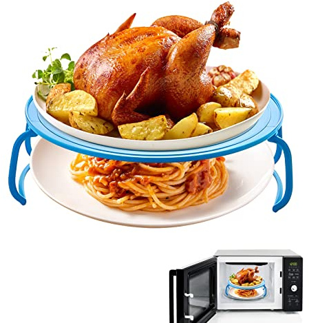 Plateau Tournant Pliant Pour Micro-ondes,Support De Assiette Micro Onde Multifonctionnel,Plaque Micro Ondes,Plateau Rond Cuiseur Vapeur Rack,Double Couche Vapeur Rack,Accessoires De Micro (Bleu)