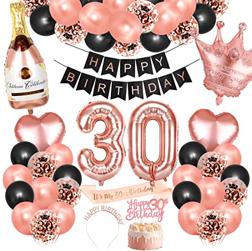 Bluelves 30. Geburtstag Dekorationen Mädchen, Rosegold Schwarz Deko zum 30 Geburtstag, 30 er geburtstag Happy Birthday Banner Girlande Konfetti luftballon,Geburtstagsdeko für mädchen