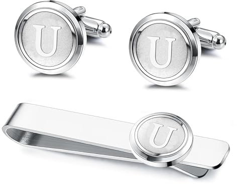 Kakonia 2Pcs Bouton de Manchette Pince à Cravate Homme Bouton de Manchette Pince à Cravate Personnalisée Noire Skinny Argent pour Mariage Affaires La fête 26 Lettres U