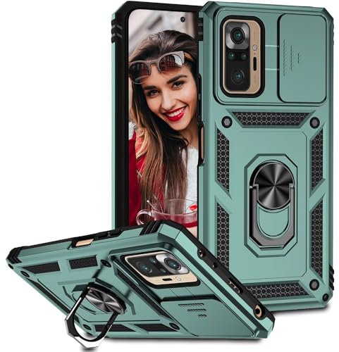 POUHYE Handyhülle für Xiaomi Redmi Note 10 Pro Hülle, [ Slide Camera] Hybrid Militärqualität Stoßfest Bumper Outdoor Handyhülle mit 360° Drehbarer Metall Ring Ständer Schutzhülle Case Dunkelgrün