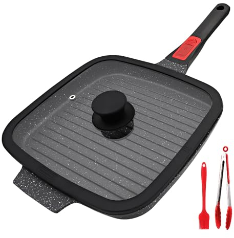 RANX INGST Poêle Grill avec Poignée Amovible, 26 x 24 cm Poêle à Griller avec Couvercle en Aluminium Antiadhésive Compatible Tous feux dont Induction - Noir