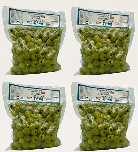 Olive di Sicilia Nocellara (Olive verdi denocciolate di Sicilia 4 per 500 g.) Senza coloranti aggiunti,