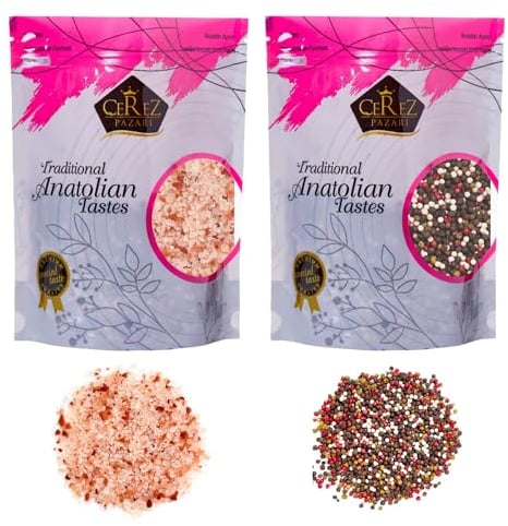 Cerez Pazari Rainbow Peppercorn Blend 200g and Himalayan Pink Salt (Coarse Grain) 650g, Whole Black, Pink, Green, White Color Pepper For Grinders Refills