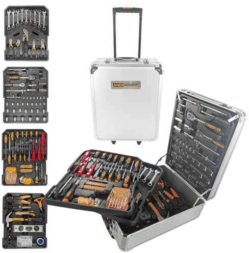 ANDIARBEIT® Werkzeugkoffer mobiler Trolley Aufbewahrung, organisiertes Werkzeugset 1000-tlg. (Silber)