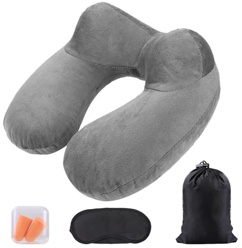 AiQInu Aufblasbares Nackenkissen Reisekissen, Ergonomisch Kompakte Schnell Nackenkissen Aufblasbar mit Waschbarem Kissenbezug für Reisen mit dem Auto, Flugzeug, Zug, Büro, Familie