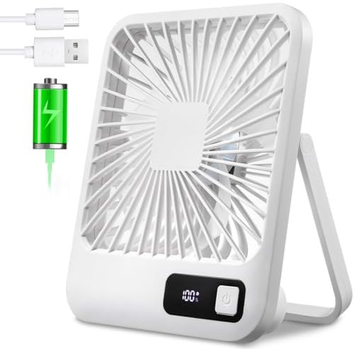 EITVLAGE Small Desk Fan, Portable USB Rechargeable, Tilt Folding Personal Mini Fan with 2000mAh Battery and LCD Display, Strong Wind, Ultra Quiet, 5 Speed Modes for Office, Home, Camping
