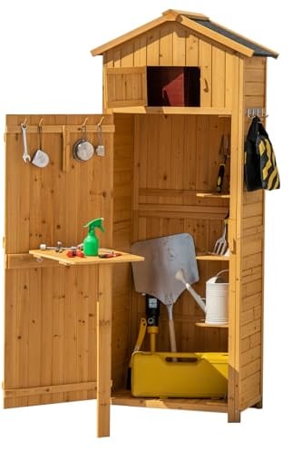 HOMASIS Abri de jardin en bois, maison à outils de jardin avec étagère pliante et crochets, abri d'extérieur imperméable et peu encombrant, marron, 65 x 42 x 180,5 cm