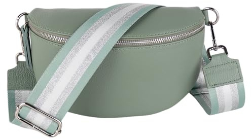 MIRROSI® Bauchtasche Damen, Echtleder, Made in Italy, Umhängetasche, Brusttasche, Crossbody Bag (1 Tasche & 2 Gurte) (Mint (Glitzer Mint), Große Tasche (28x18x9cm))