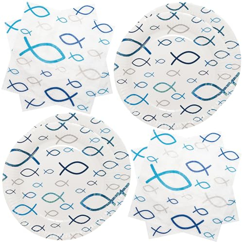 Servietten Taufe Pappteller 40 Stück Fisch Blau Goldfolie Papierservietten Weiß Serviette Partygeschirr Taufe Dekoration für Kommunion, Konfirmation, Tischdeko