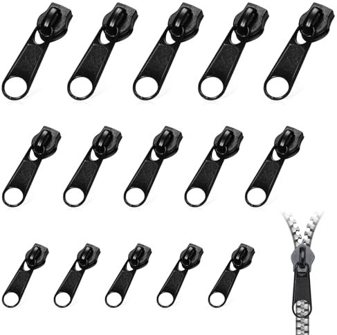 LYASIL 15-teiliges Set schwarzer Metall-Zipper für Reißverschluss - 3 Größen, je 5 Stück - Ersatzköpfe für Reißverschlüsse und Reparatur-Set